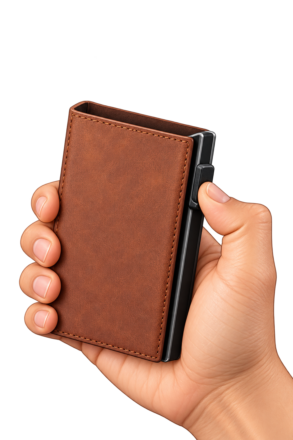 Holster en cuir brun tenu en main, levier latéral.